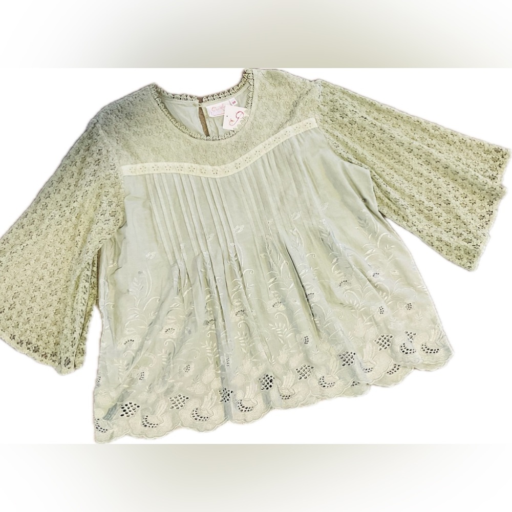 Soft green  Lace Blouse with Floral Embroidery